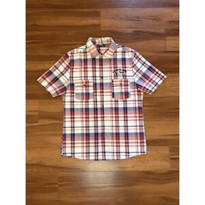 Vintage No Fear Plaid Shirt Red Button Up Short Sleeve Y2K Grunge Size Medium